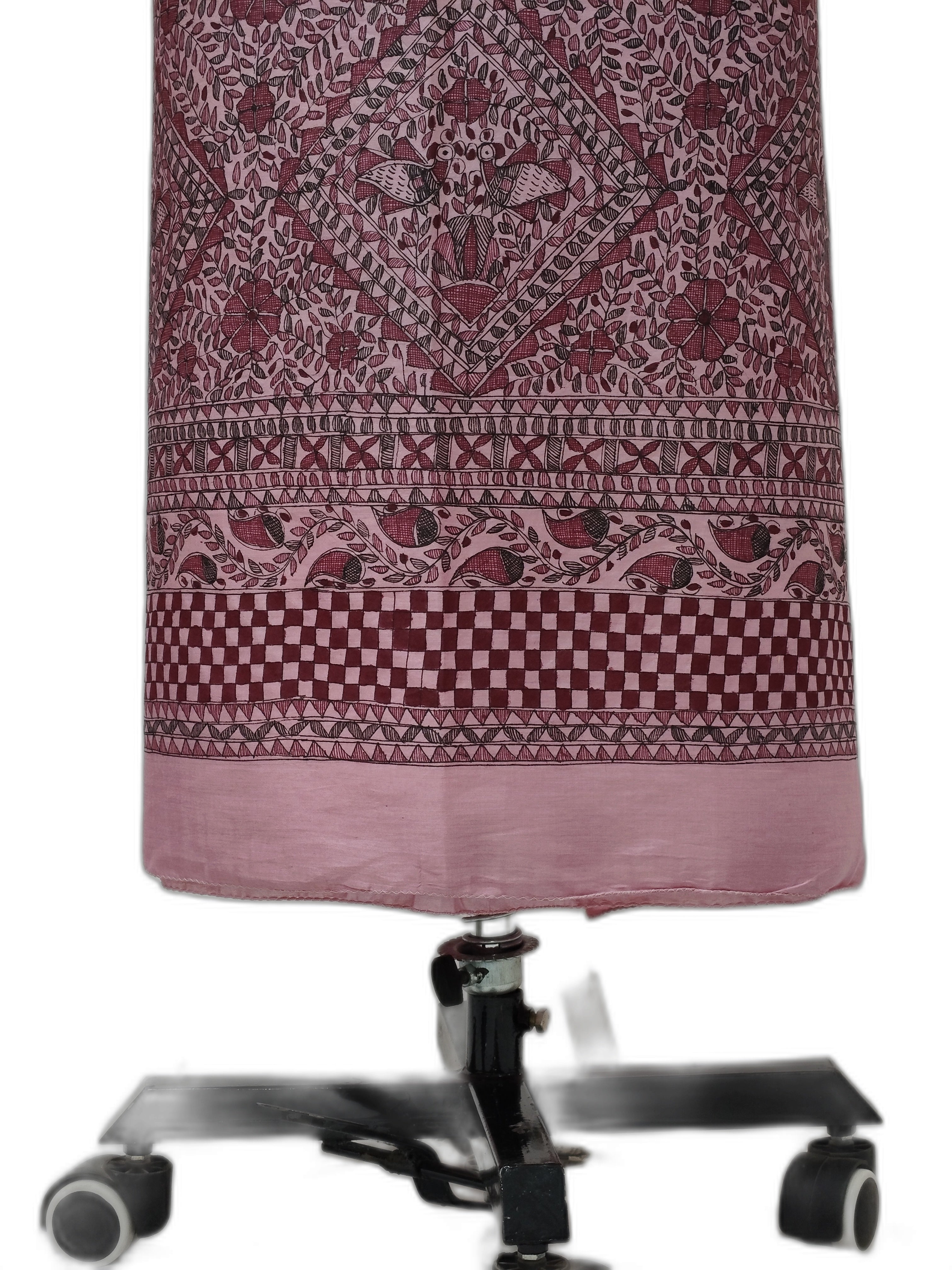 All Over Hand-Painted Unstitched Madhubani Kurti on Tussar Munga Silk – Pink